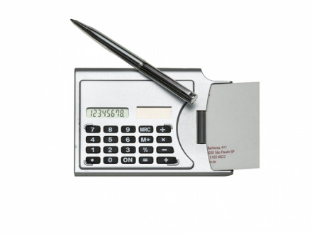 Calculadora de bolso personalizada com porta carto e mini caneta de metal