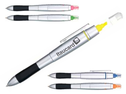 Caneta pl�stica personalizada com marca texto amarelo