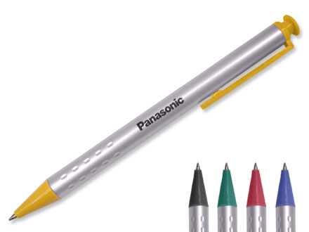 Caneta promocional pl�stica prata com detalhes em diversas cores
