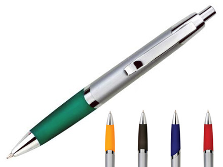 Caneta personalizada pl�stica prata com detalhe em diversas cores