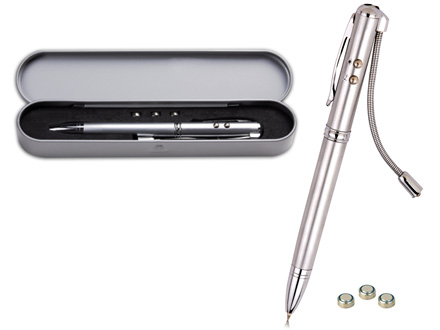 Caneta promocional com laser point, lanterna de led branco e roxo e estojo