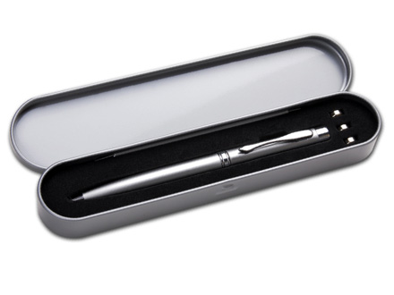 Caneta promocional de metal com lanterna, laser point e estojo