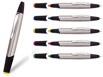 Caneta promocional pl�stica prata com marca texto em diversas cores