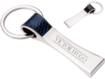 Chaveiro promocional em inox com detalhe em couro ecol�gico