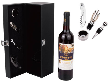 kit vinho promocional com suporte para vinho Contm: 5 peas (Garrafa de vinho no inclusa)Saca-Rolhas , Abridor de Lacre ,Anti-Respingo e Vedador