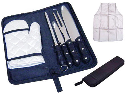 Kit churrasco promocional Cont�m 6 pe�as: Avental prata, luva prata, 2 facas, um garfo e um amolador faca