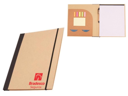 Pasta reciclada com bloco, caneta, porta cartao e post it. Bloco 25 cont�m folhas.